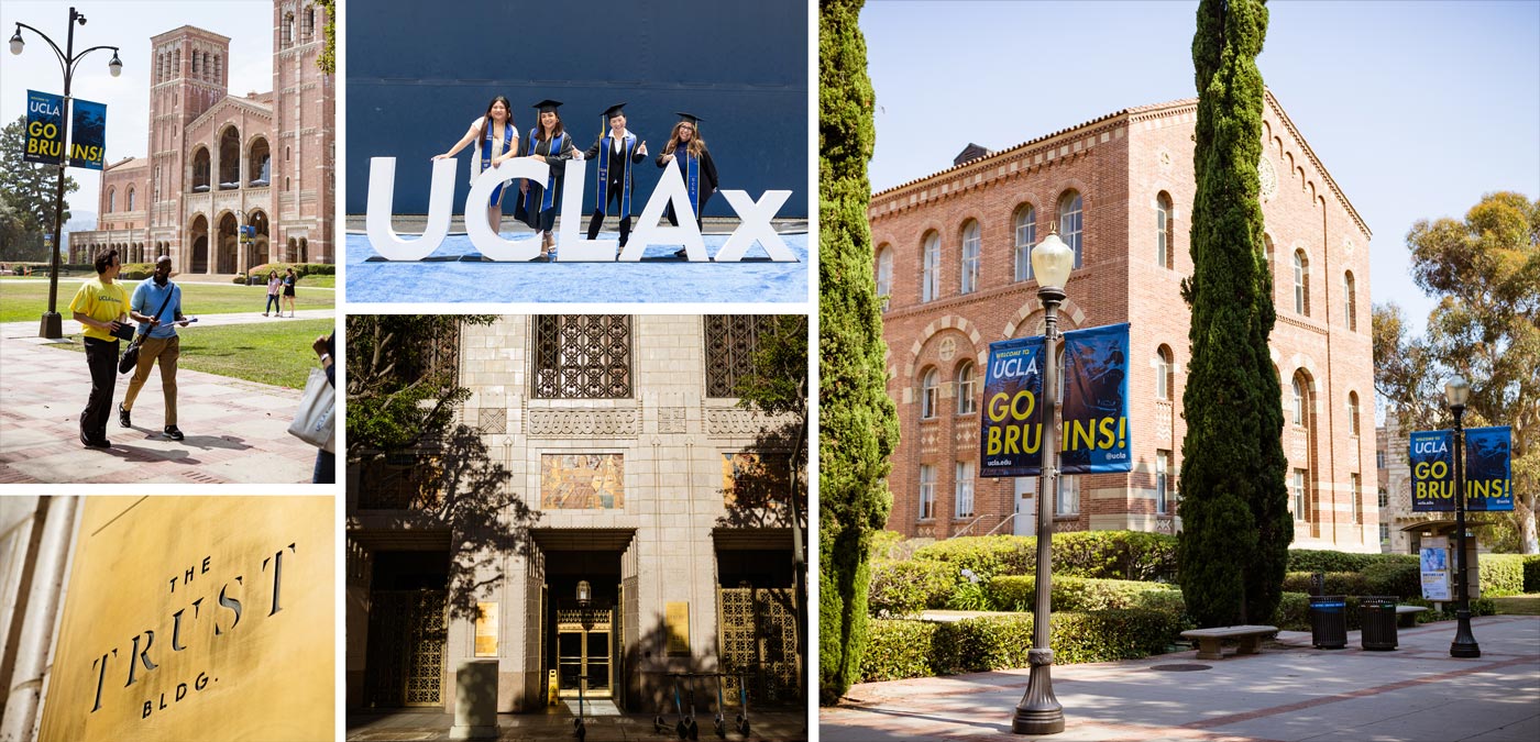 Grid of images showcasing students, staff, graduates, main campus, and the trust building dtla