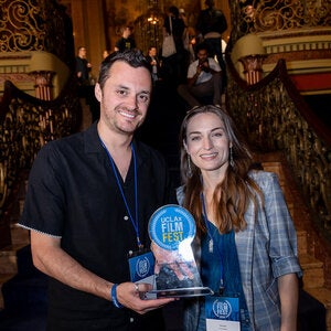 UCLAx FilmFest 2024 Entertainment Studies award photo of Dylan Boom and Connie Jo Sechrist